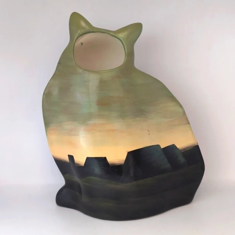 Vintage Ganz Hand Painted Cat Kitten Vase with Rural Landscape Farm Design
